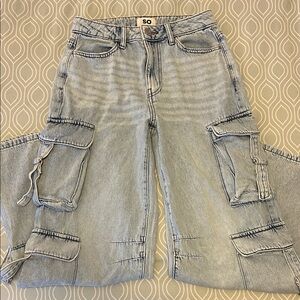 SO Light Denim High Rise Cargo Wide Leg Jeans